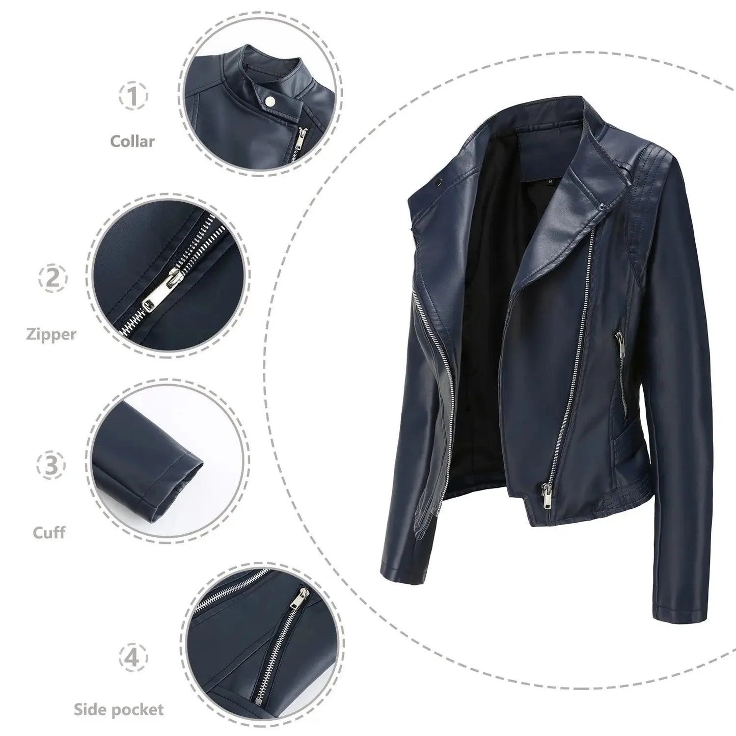 Women's Slim Fit PU Leather Coat - Stylish Zippered Jacket for Casual & Evening Wear