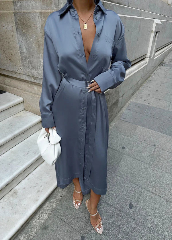 Winter Satin Midi Dress for Women - Vintage Loose Fit, Long Sleeve, Single Breasted