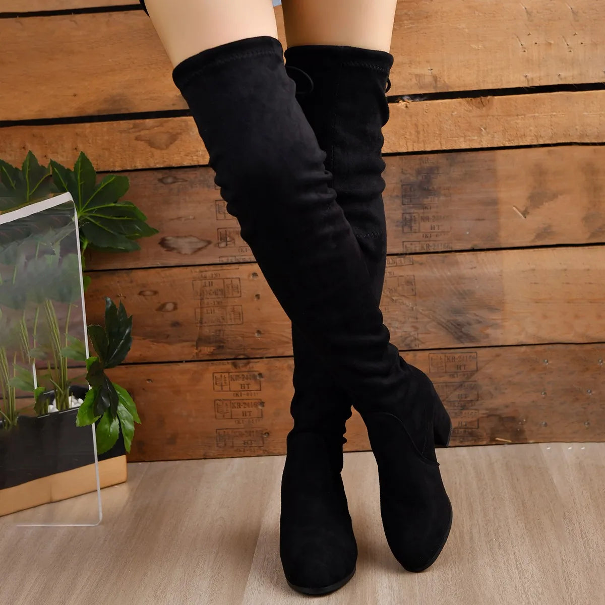 Black Over The Knee Boots for Women in Faux Leather with Block Heel 1