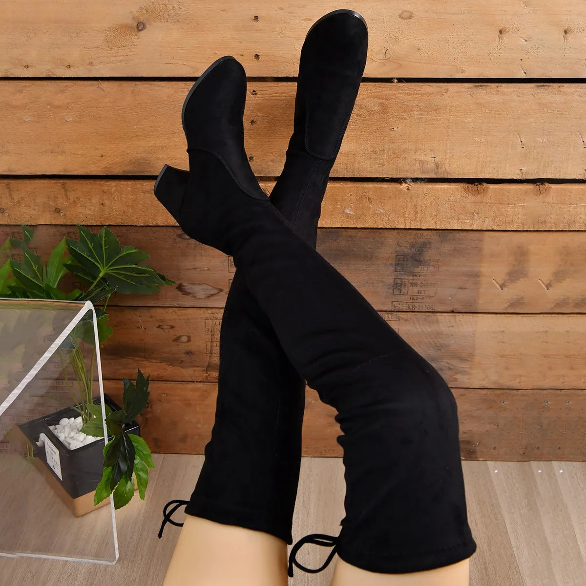 Black Over The Knee Boots for Women in Faux Leather with Block Heel 3