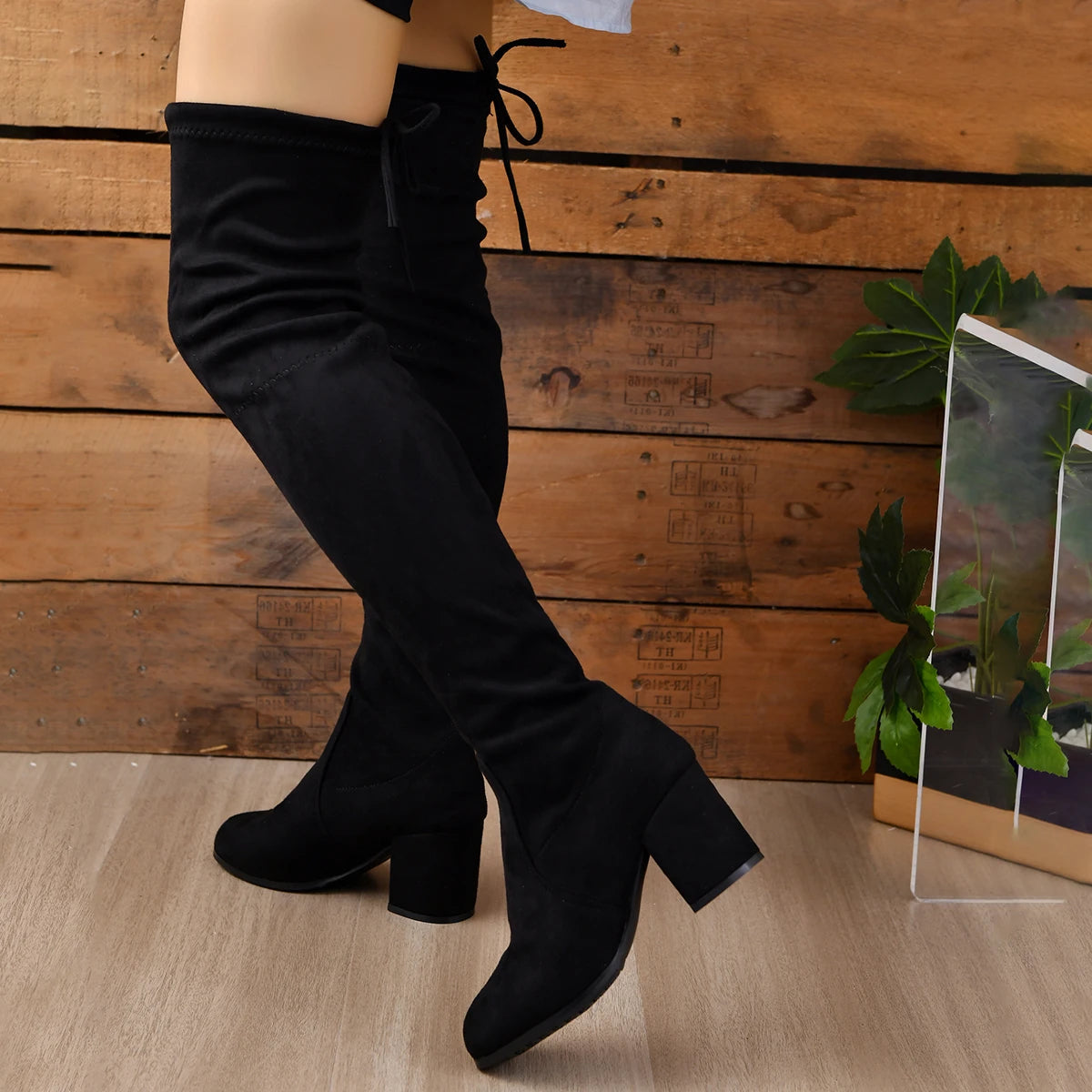 Black Over The Knee Boots for Women in Faux Leather with Block Heel 4