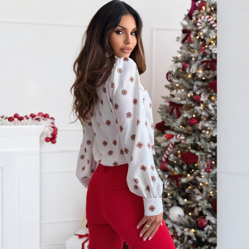 Bow Tie Collar Long Sleeve Shirt for Women | Elegant | White Brown1