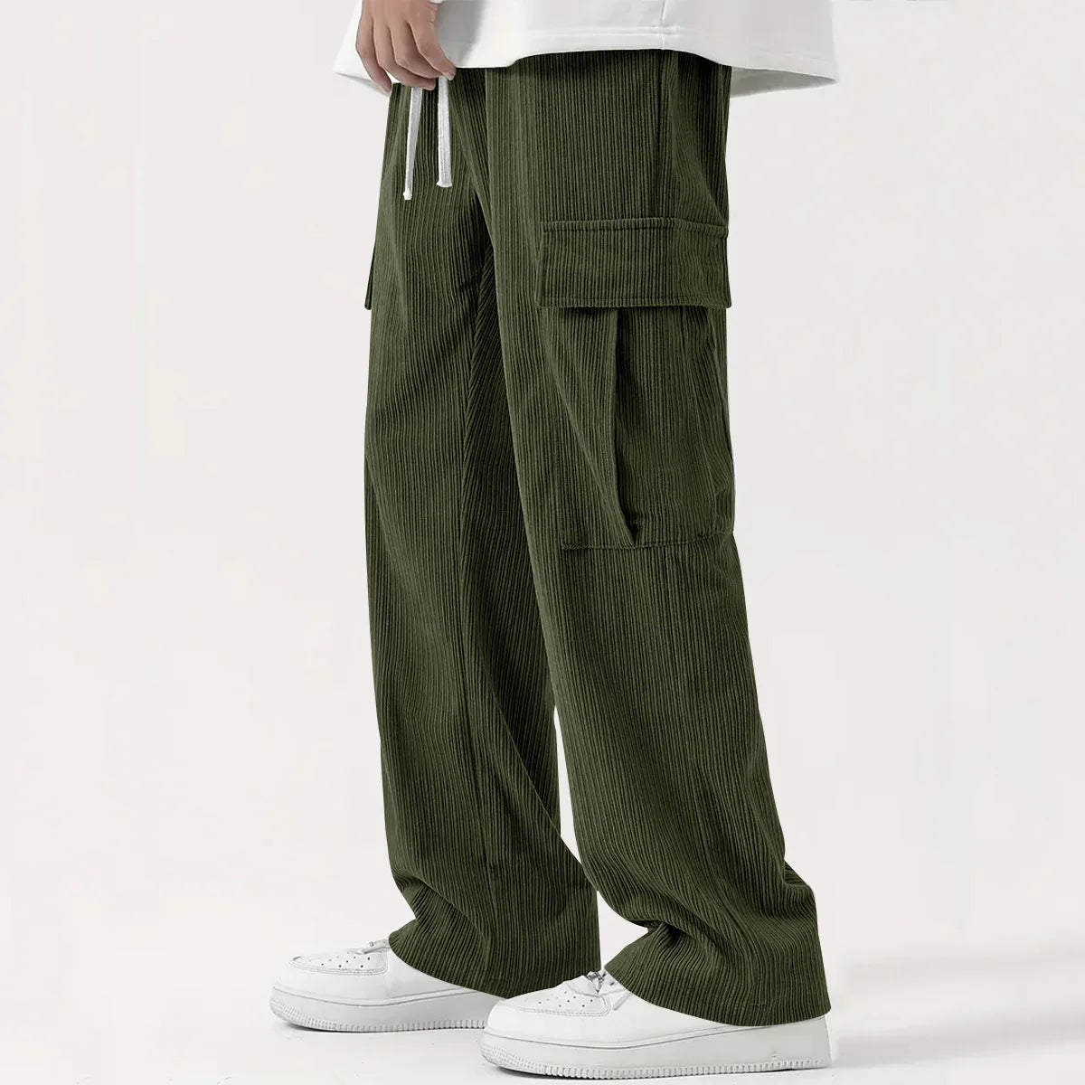 Corduroy Pants for Men | Loose Fit, Flexible Waist | Full Length | Army green