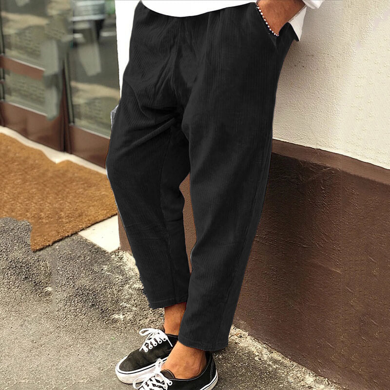 Corduroy Trousers for Men, Loose Fit | Ankle Length | Black
