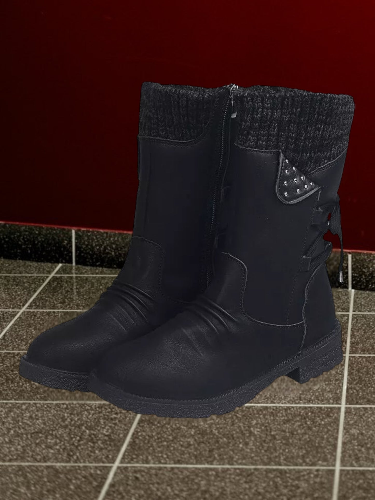 Cristina | Women's Waterproof Non-Slip Mid-Calf Boots with Lace-Up and Zip Closure | Black