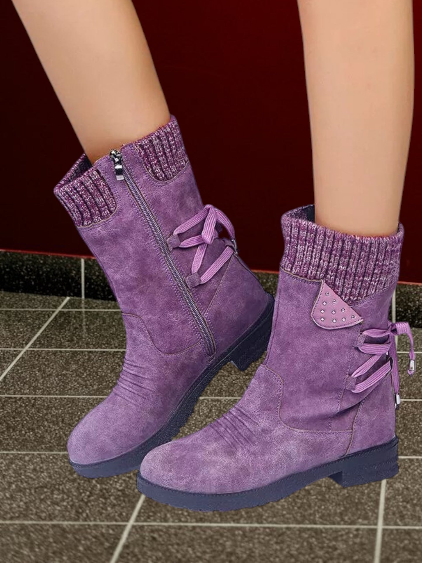 Cristina | Women's Waterproof Non-Slip Mid-Calf Boots with Lace-Up and Zip Closure | Purple