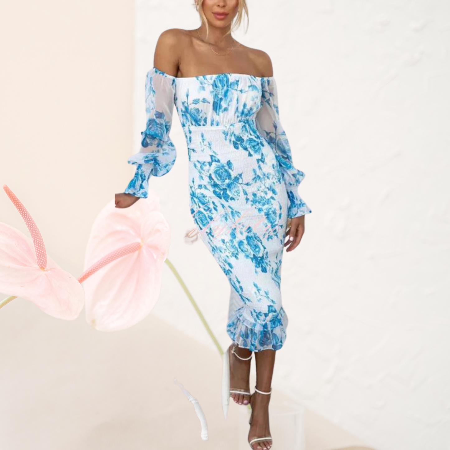 Elegant Off-Shoulder Floral Summer Wedding Guest Dress for Women | Blue