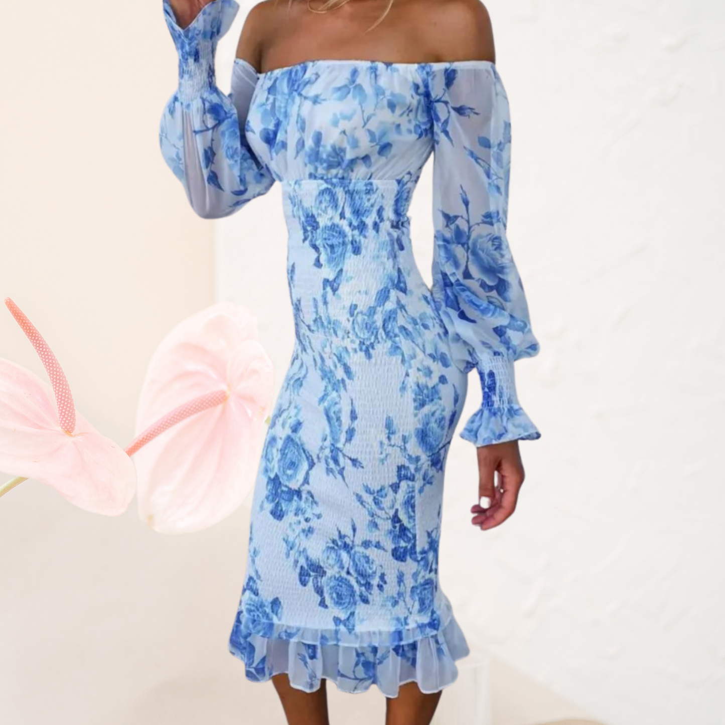 Elegant Off-Shoulder Floral Summer Wedding Guest Dress for Women | Blue 3