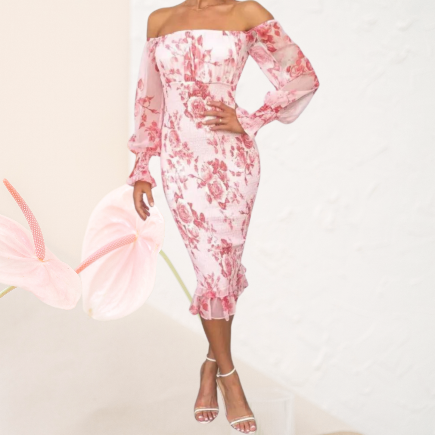 Elegant Off-Shoulder Floral Summer Wedding Guest Dress for Women | Pink/red
