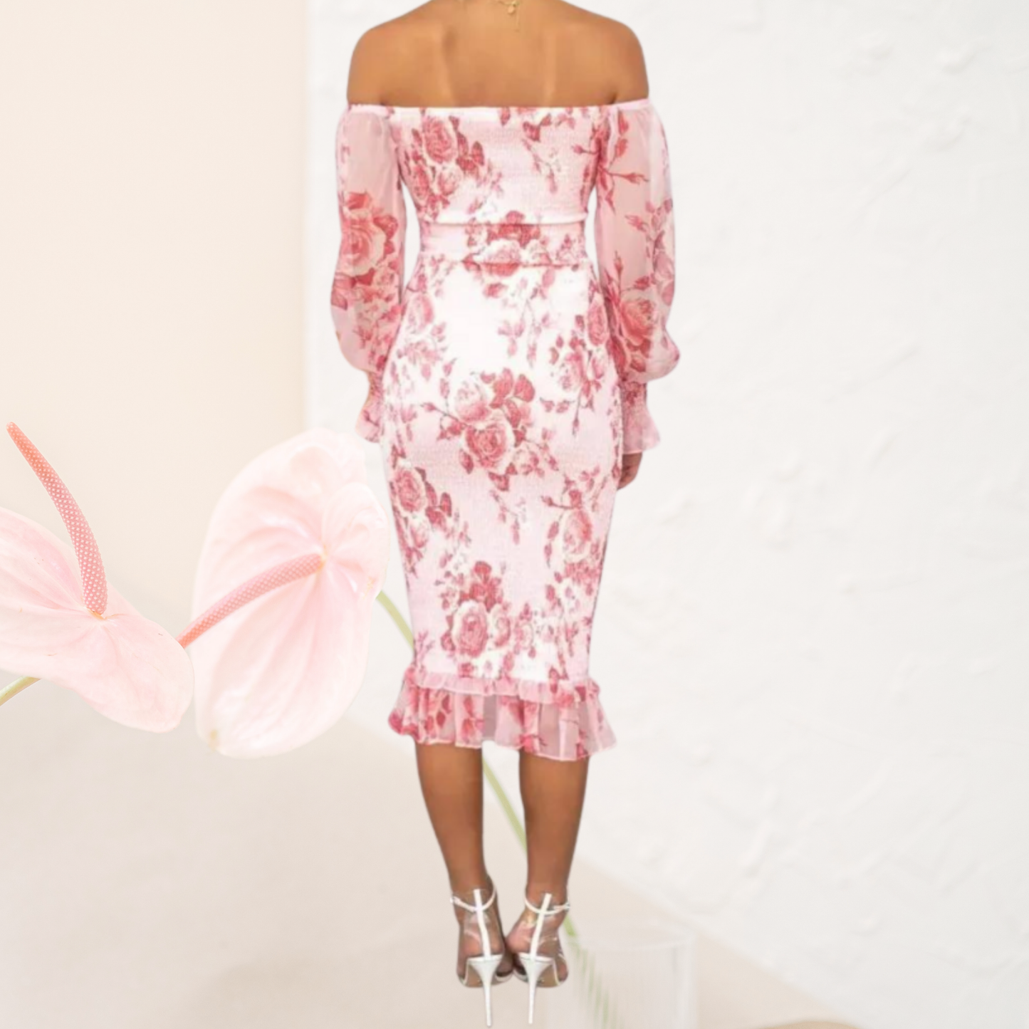 Elegant Off-Shoulder Floral Summer Wedding Guest Dress for Women | Pink/red 3