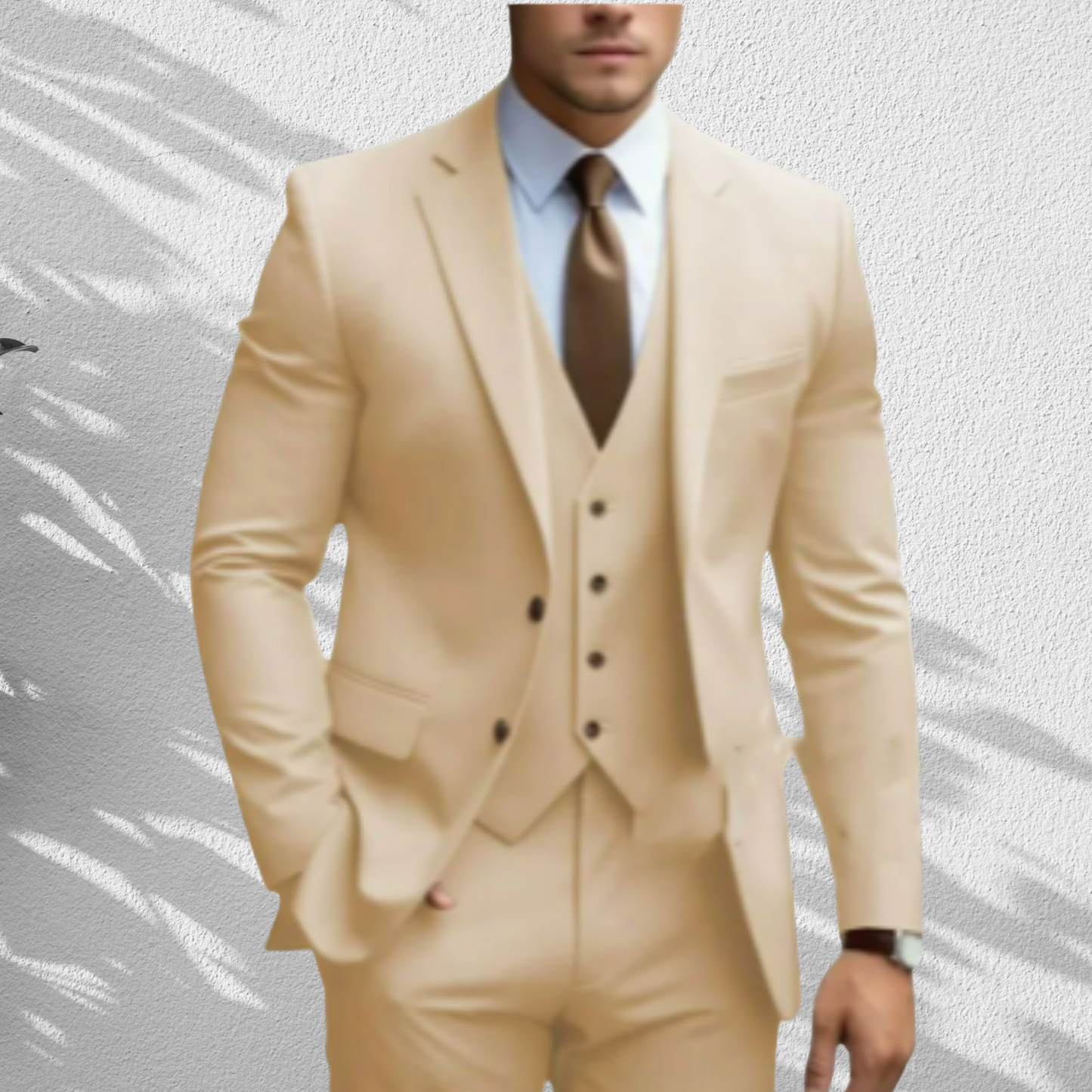 Elegant Slim Fit Three-Piece Wedding Suit for Men with Vest and Trousers | Beige