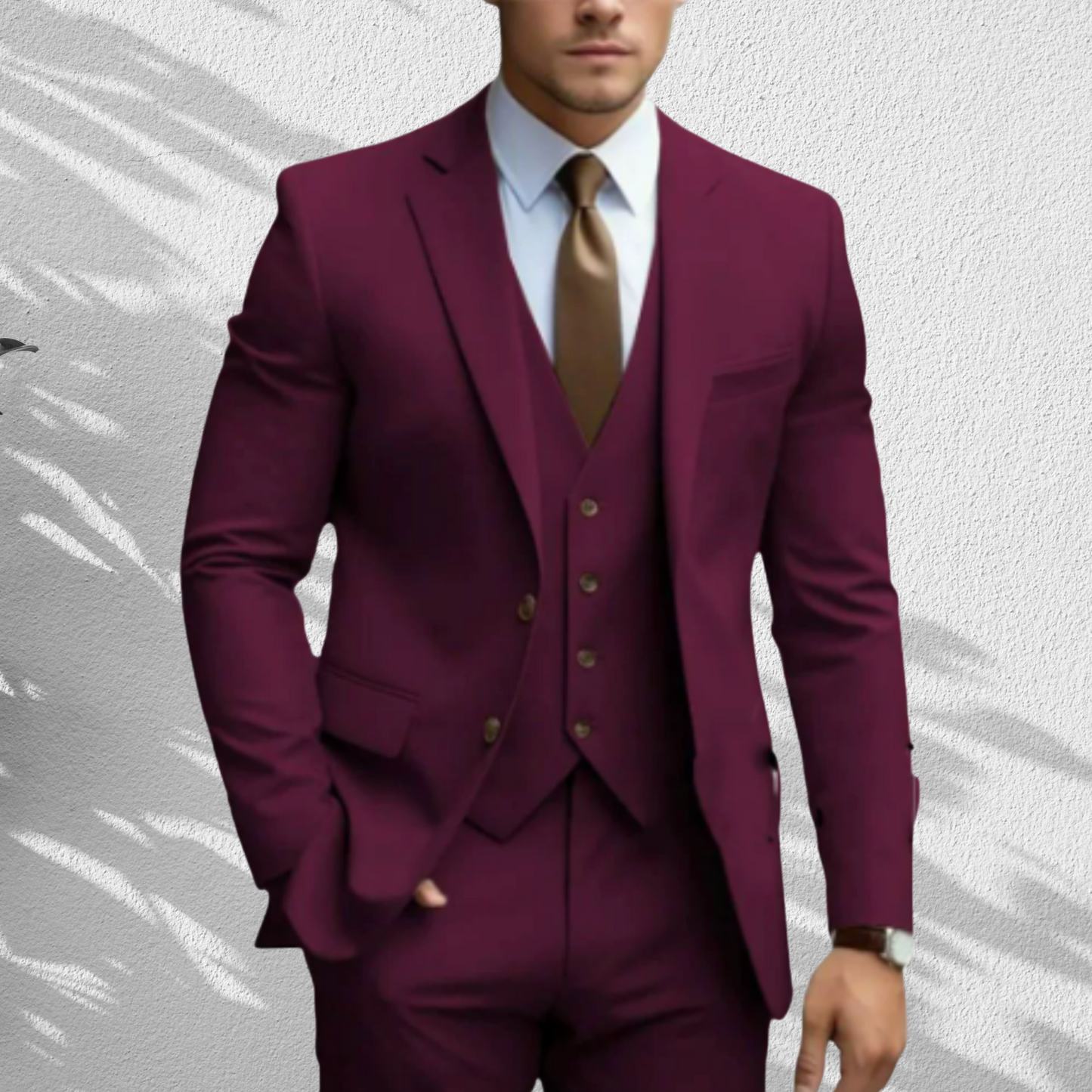 Elegant Slim Fit Three-Piece Wedding Suit for Men with Vest and Trousers | Bordeaux red
