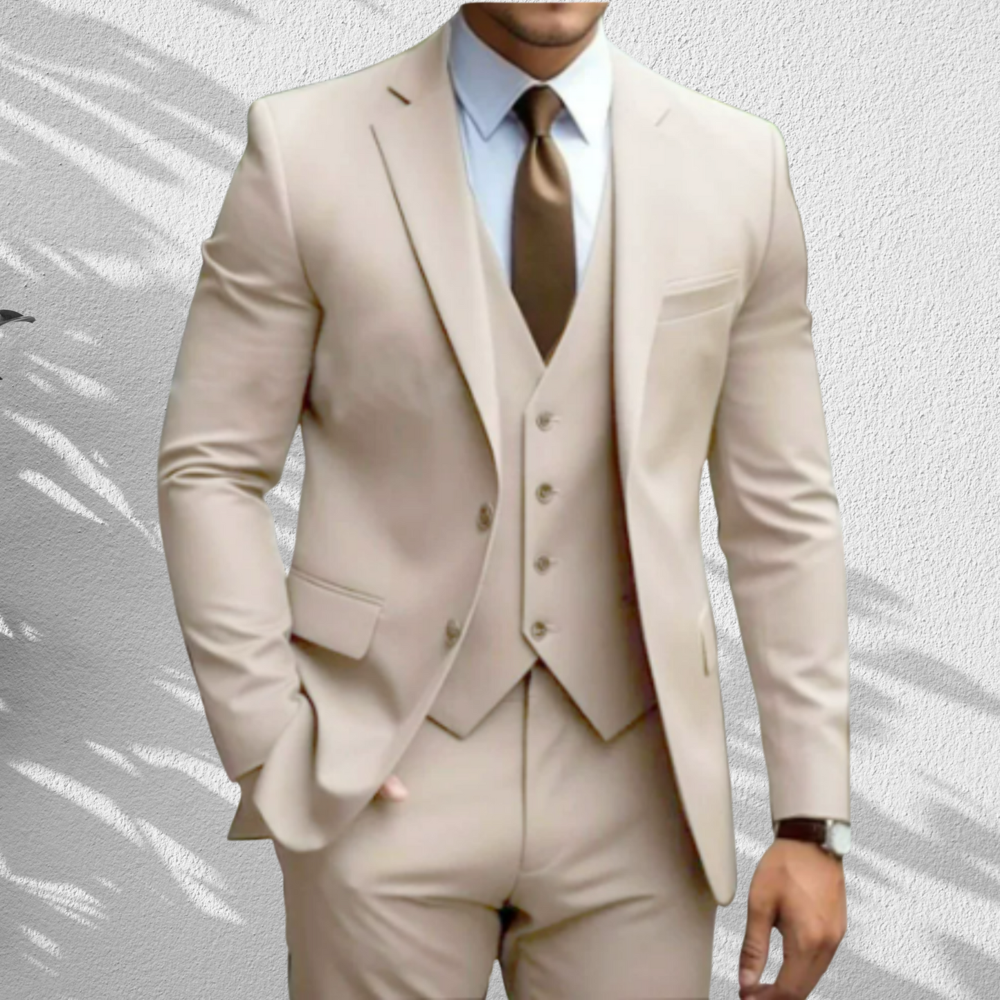 Elegant Slim Fit Three-Piece Wedding Suit for Men with Vest and Trousers | Khaki