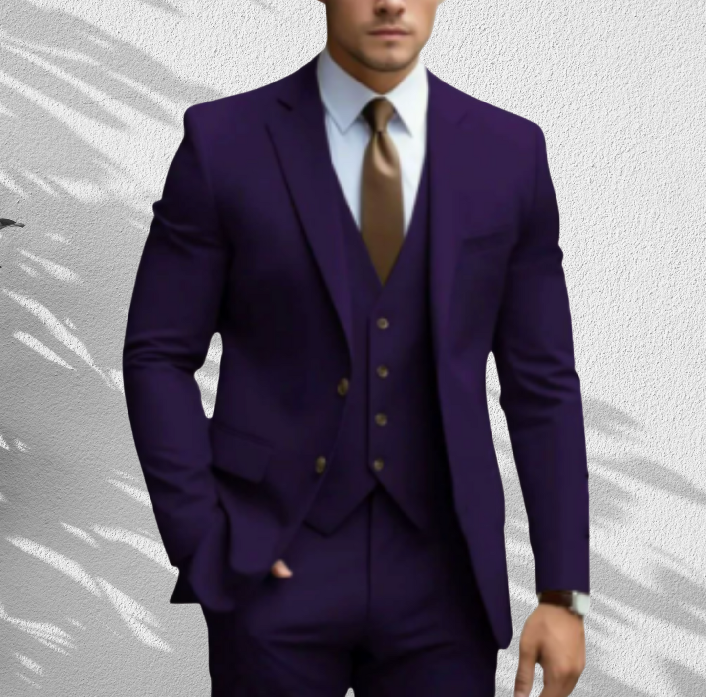 Elegant Slim Fit Three-Piece Wedding Suit for Men with Vest and Trousers | Purple