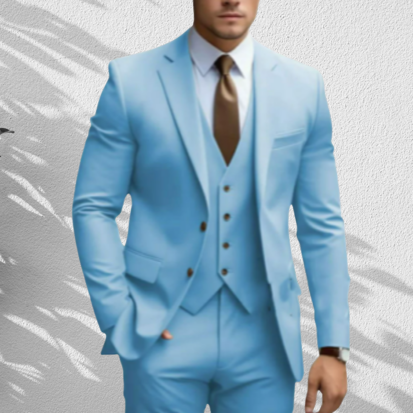 Elegant Slim Fit Three-Piece Wedding Suit for Men with Vest and Trousers | Skyblue