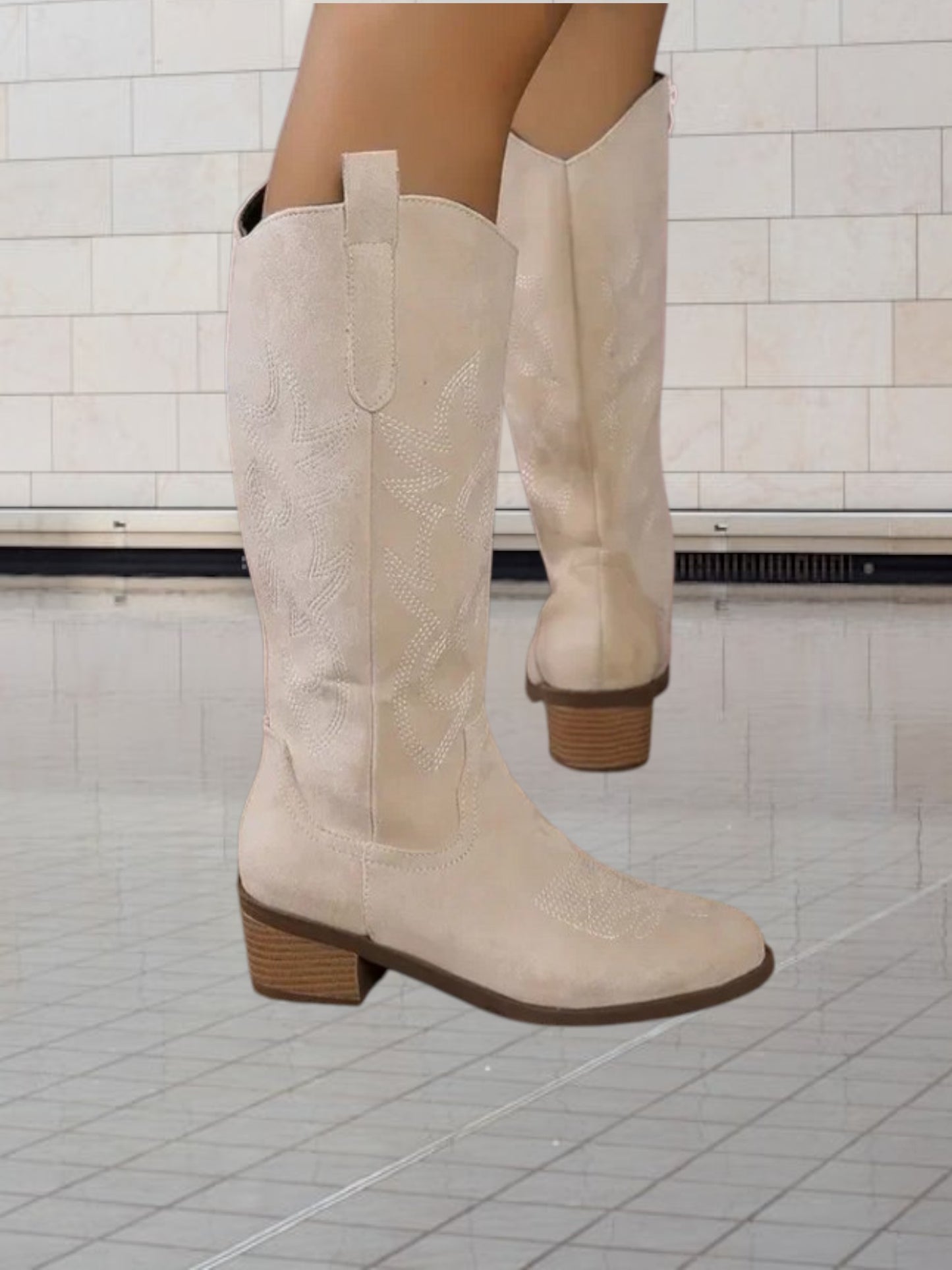 Emma | Classic Suede Cowboy Boots for Women with Intricate Stitching and Durable Design | Beige