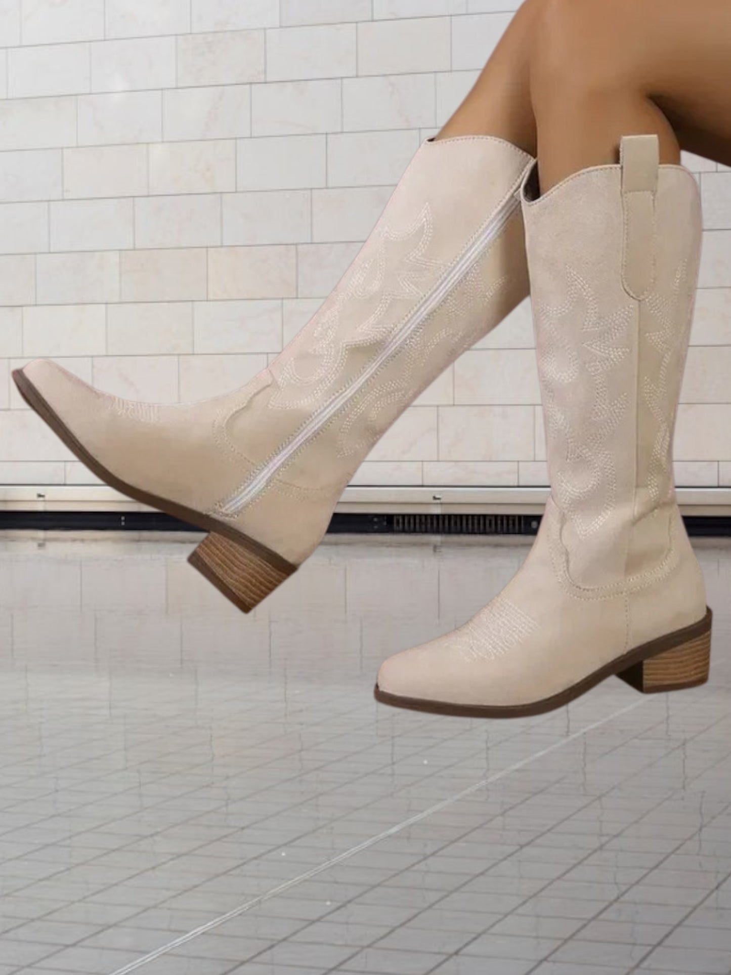 Emma | Classic Suede Cowboy Boots for Women with Intricate Stitching and Durable Design | Beige 2