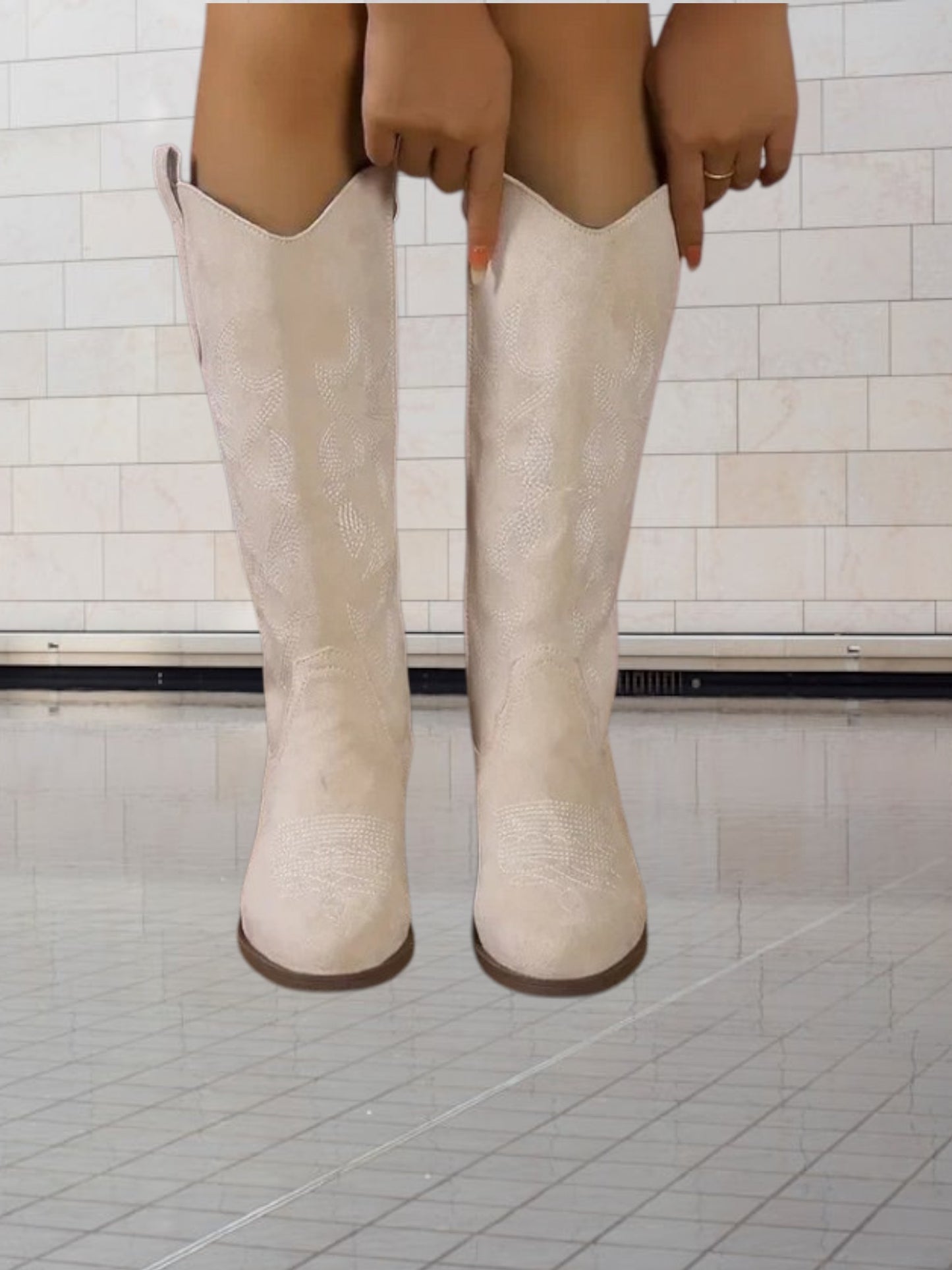 Emma | Classic Suede Cowboy Boots for Women with Intricate Stitching and Durable Design | Beige 3