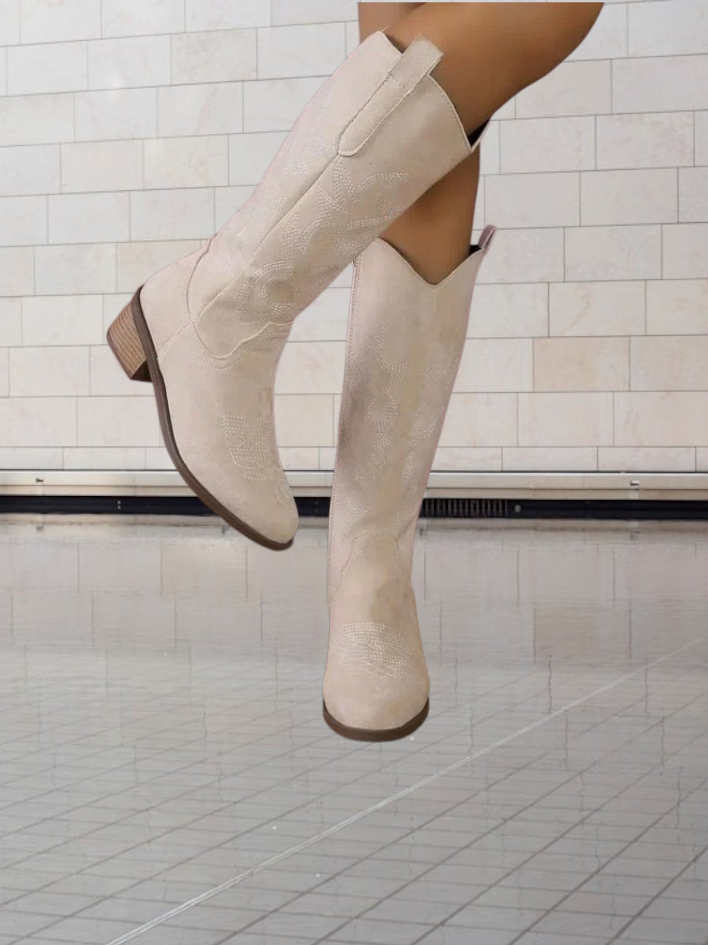 Emma | Classic Suede Cowboy Boots for Women with Intricate Stitching and Durable Design | Beige 4