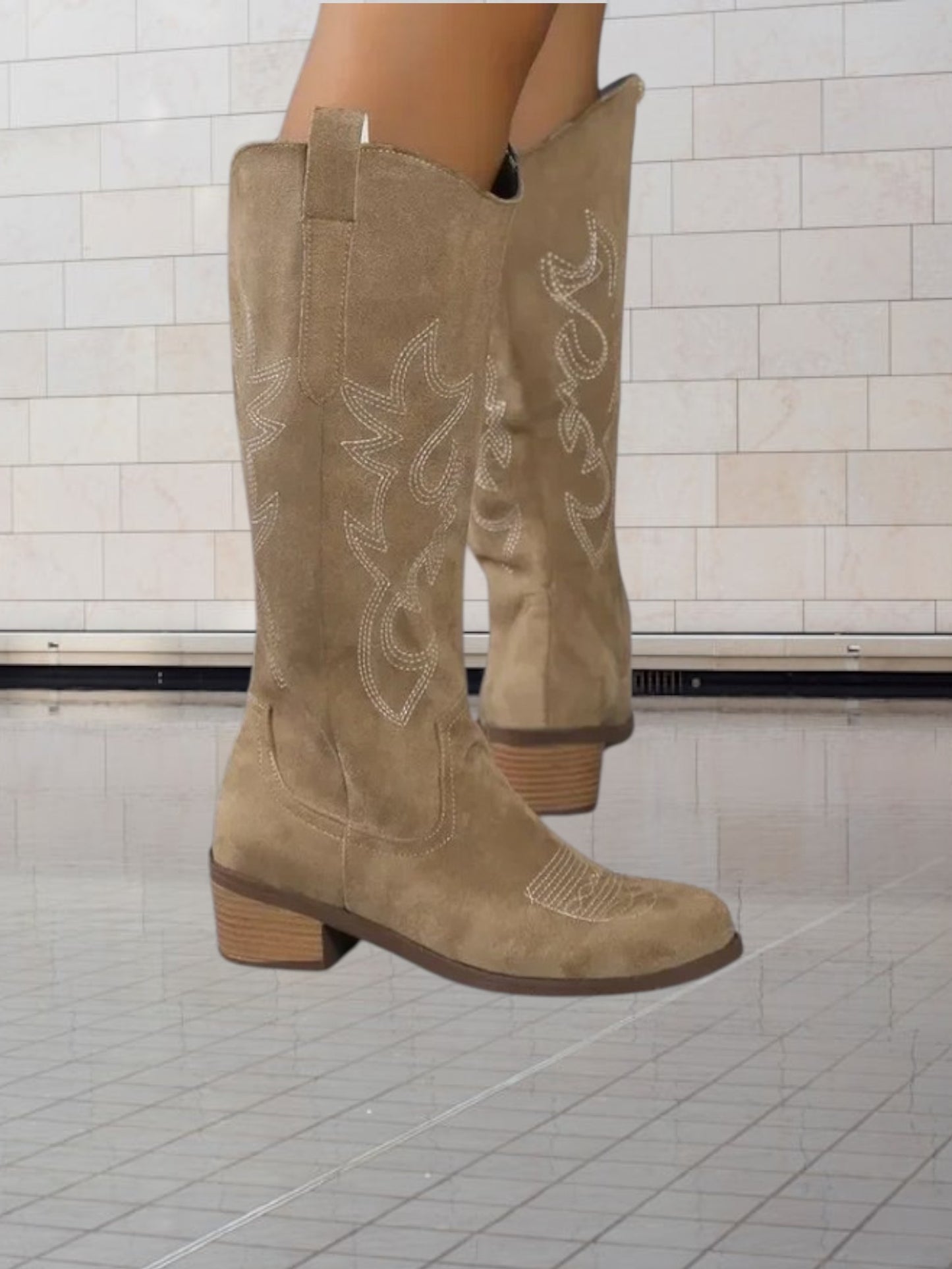 Emma | Classic Suede Cowboy Boots for Women with Intricate Stitching and Durable Design | Khaki