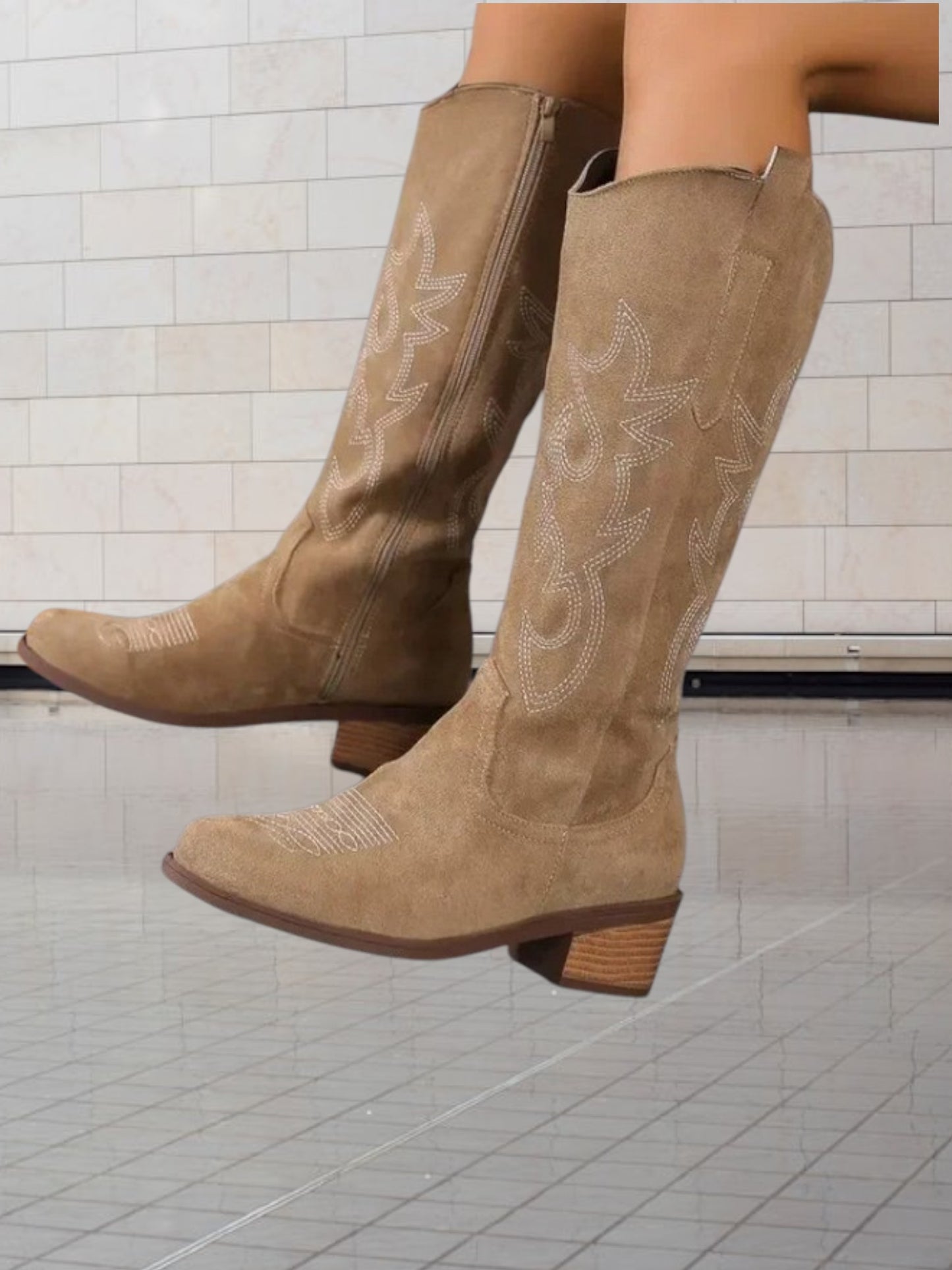 Emma | Classic Suede Cowboy Boots for Women with Intricate Stitching and Durable Design | Khaki 2