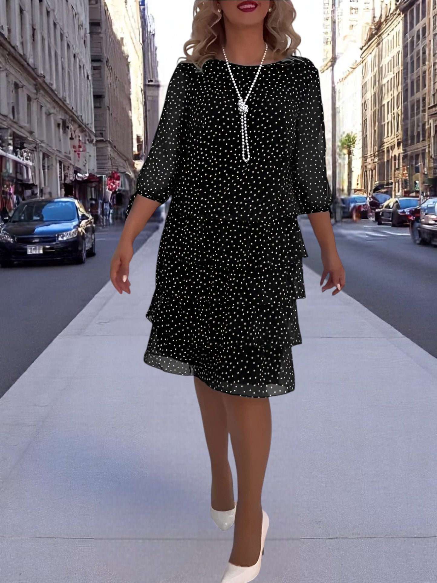 Emma | Elegant Midi Dress with Chic Loop Sleeves and Dotted Pattern | Black