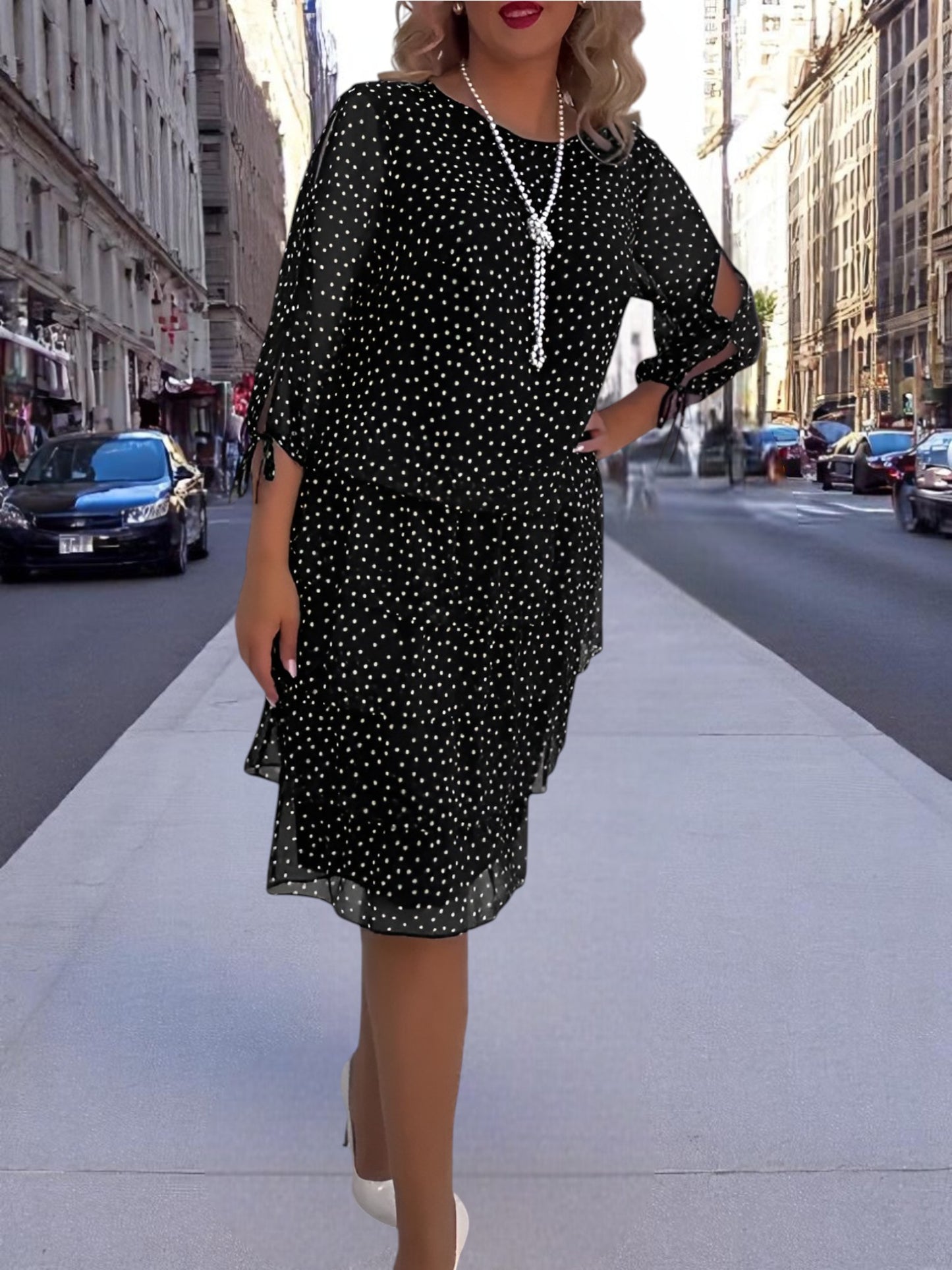 Emma | Elegant Midi Dress with Chic Loop Sleeves and Dotted Pattern | Black 2