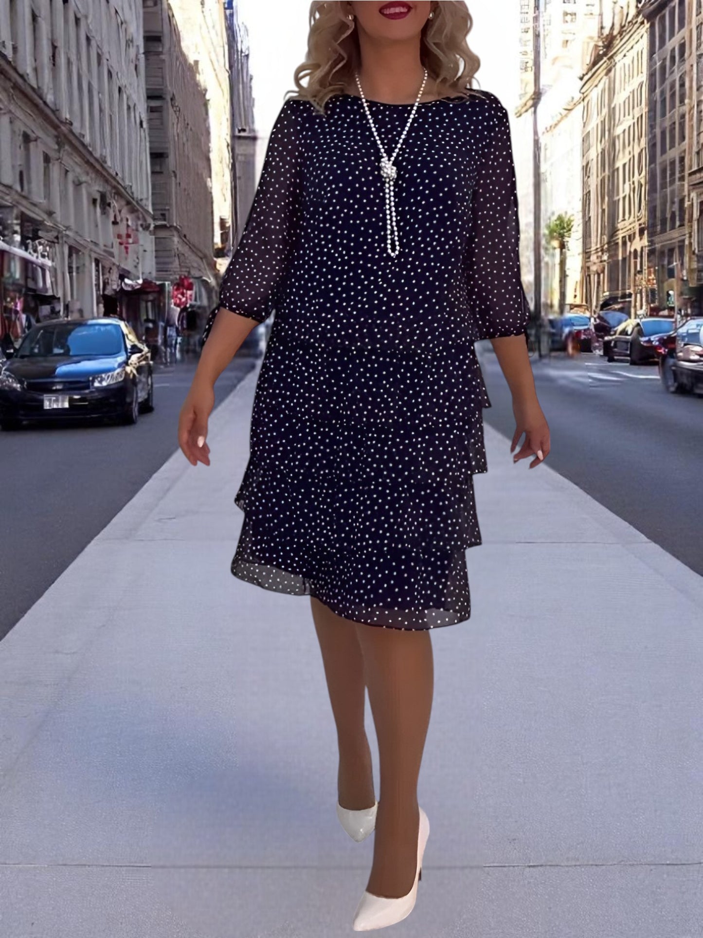 Emma | Elegant Midi Dress with Chic Loop Sleeves and Dotted Pattern | Blau