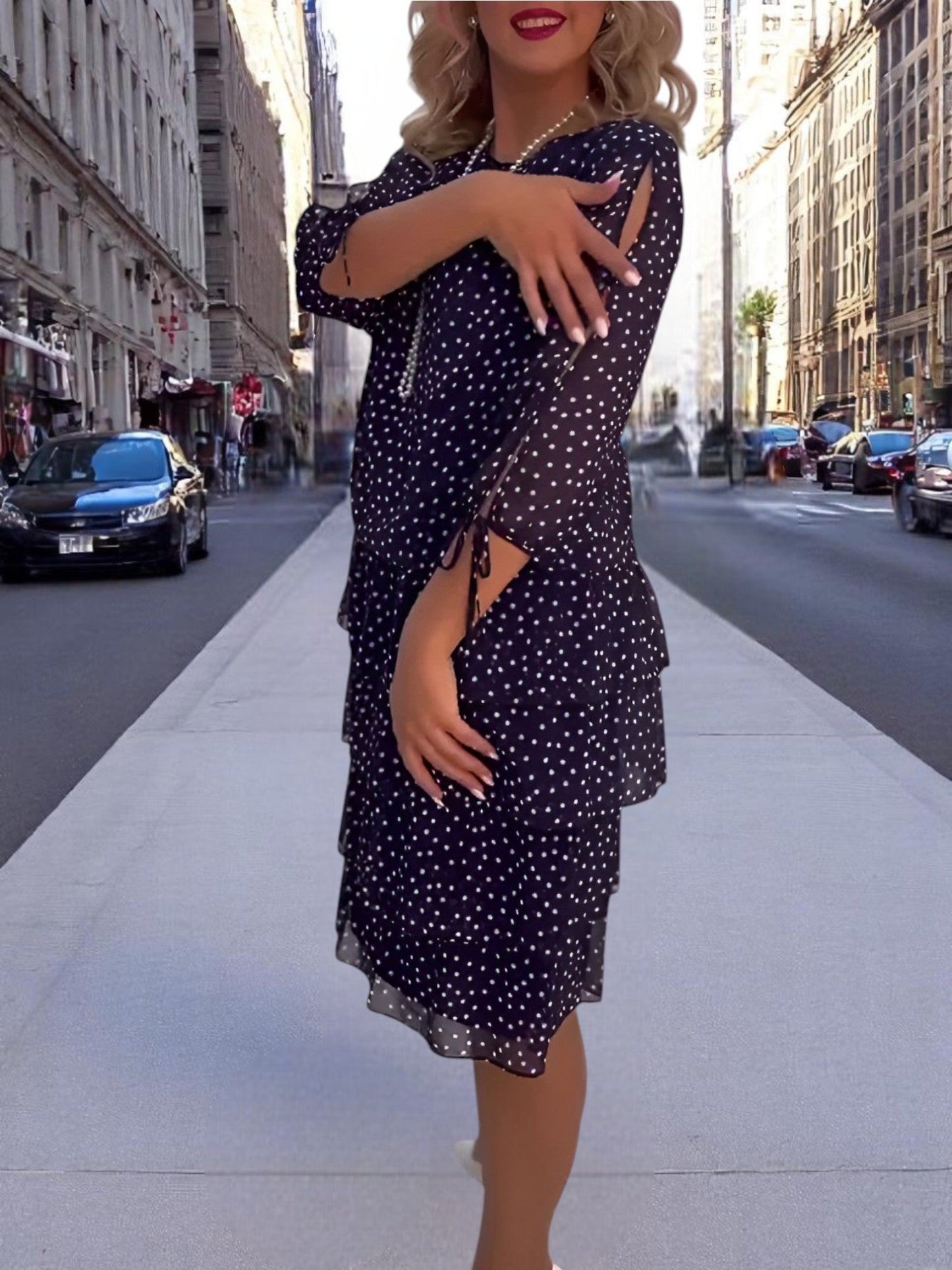 Emma | Elegant Midi Dress with Chic Loop Sleeves and Dotted Pattern | Blau 2