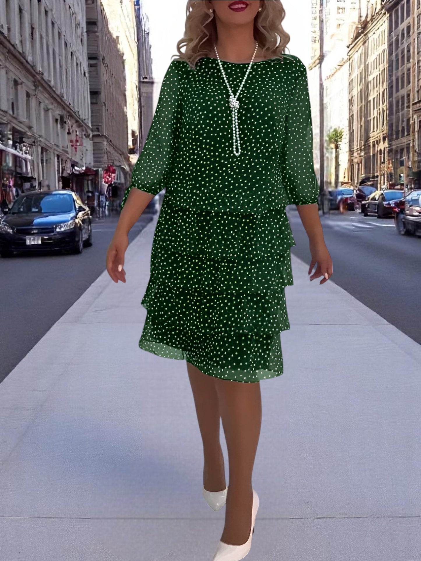 Emma | Elegant Midi Dress with Chic Loop Sleeves and Dotted Pattern | Green