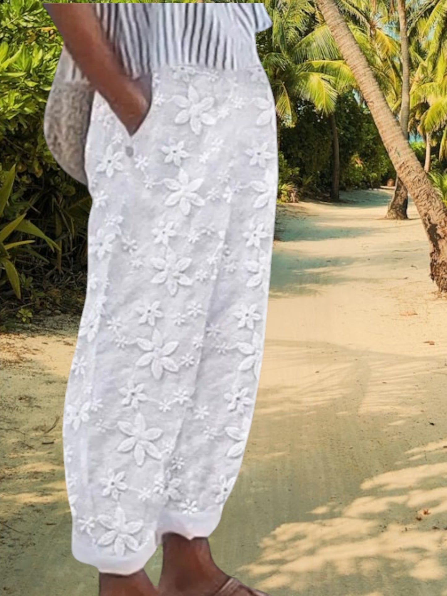 Fanny | Women's White Wide Leg Linen Pants with Elastic Waist and Side Pockets | Wfhite 2
