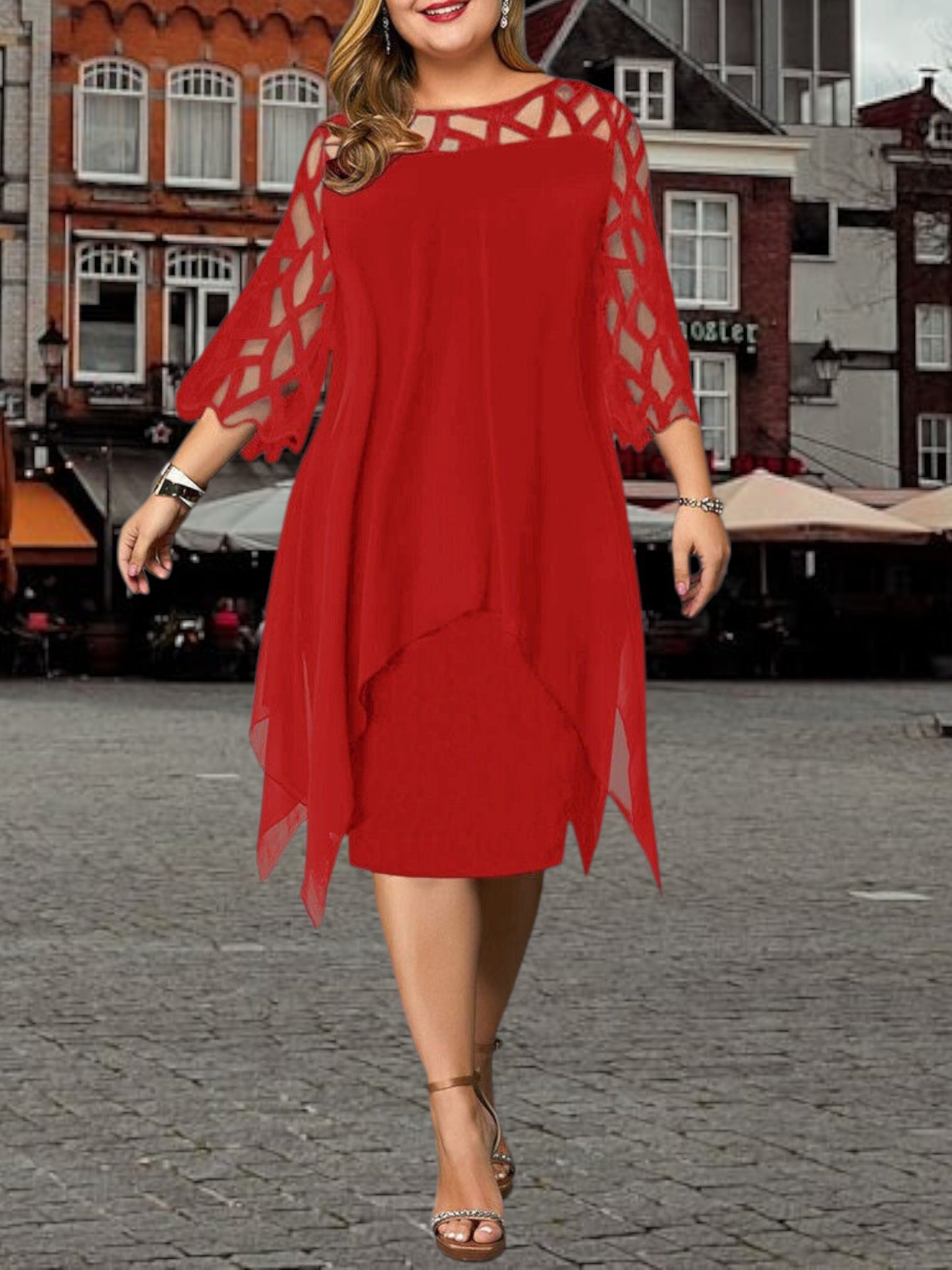 Freja | Chic Plus Size Midi Dress in Soft Fabric with Relaxed Fit and Short Sleeves | Red