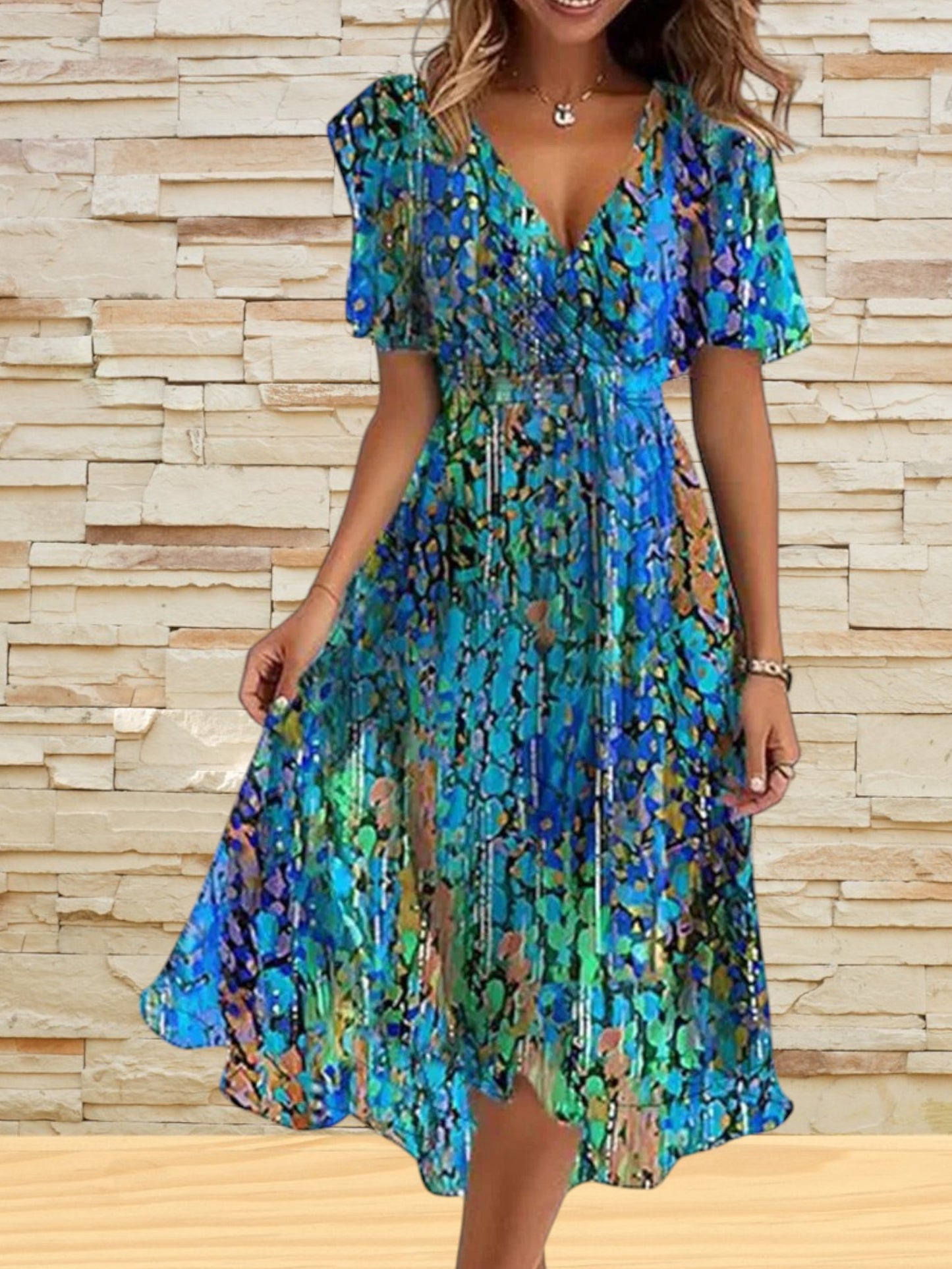 Grace | Elegant Short Sleeve Dress with Adjustable Waist and Breathable Fabric for Women | Blue