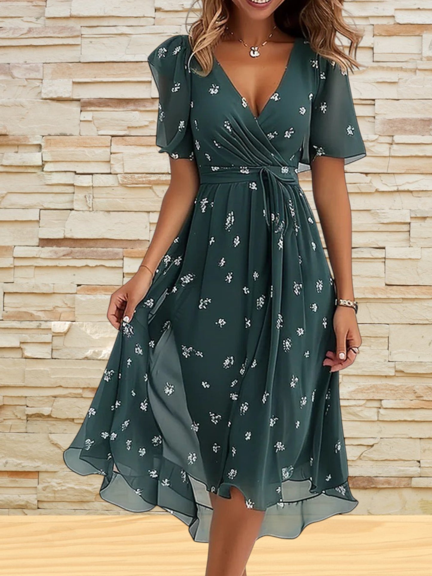 Grace | Elegant Short Sleeve Dress with Adjustable Waist and Breathable Fabric for Women | Green