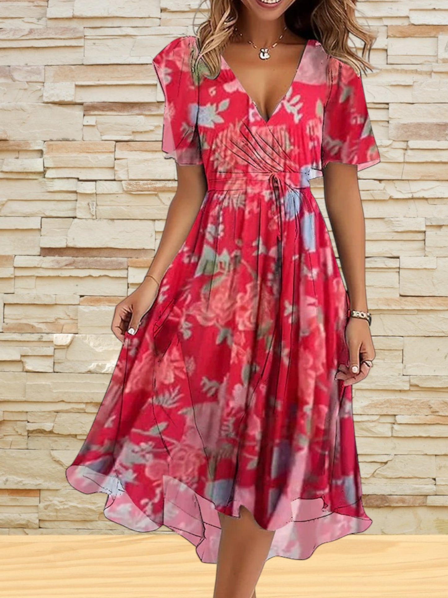 Grace | Elegant Short Sleeve Dress with Adjustable Waist and Breathable Fabric for Women | Red