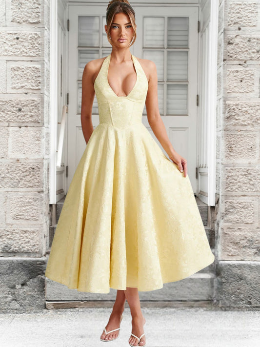 Hanna | Elegant A-Line Wedding Dress with Deep V-Neck and Floral Details | Light Yellow
