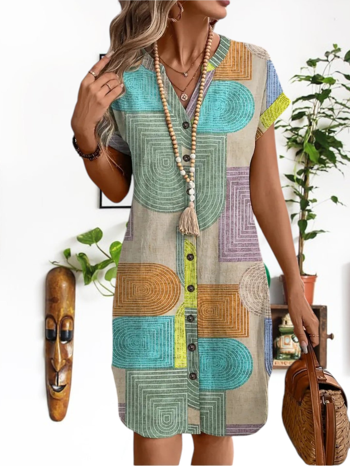 Helle | Elegant Women's Summer Dress with Geometric Print and Flattering Cut | Geometric 5