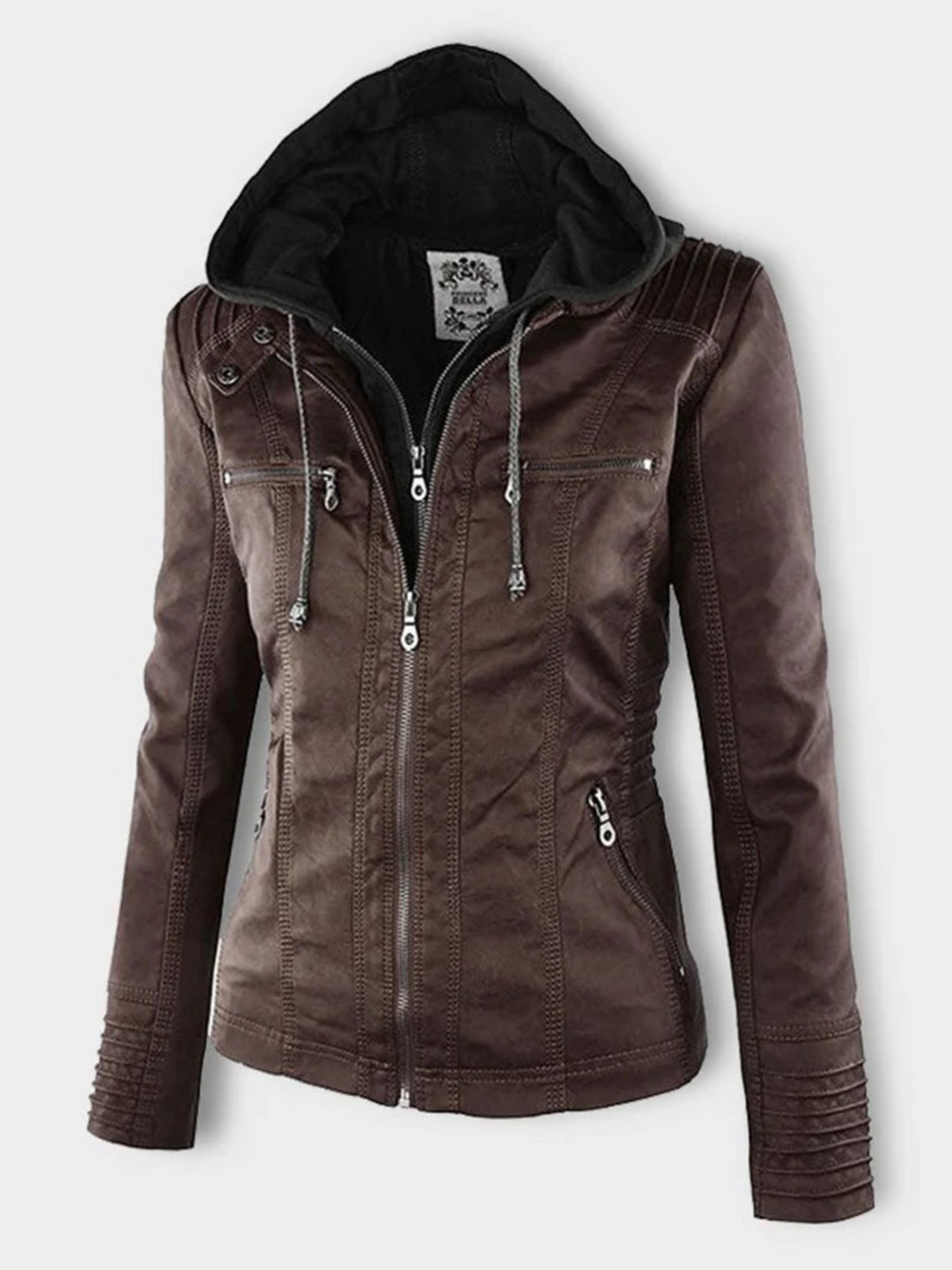 Hooded Leather Jacket for Women | Ribbed Profile | Brown