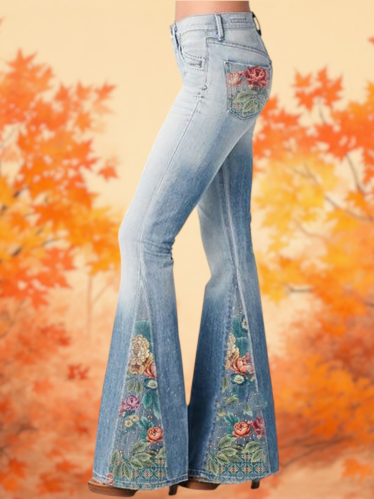 Ivy | Women's Wide Leg Flare Jeans with Ombre Flower Print for Every Occasion | Blue