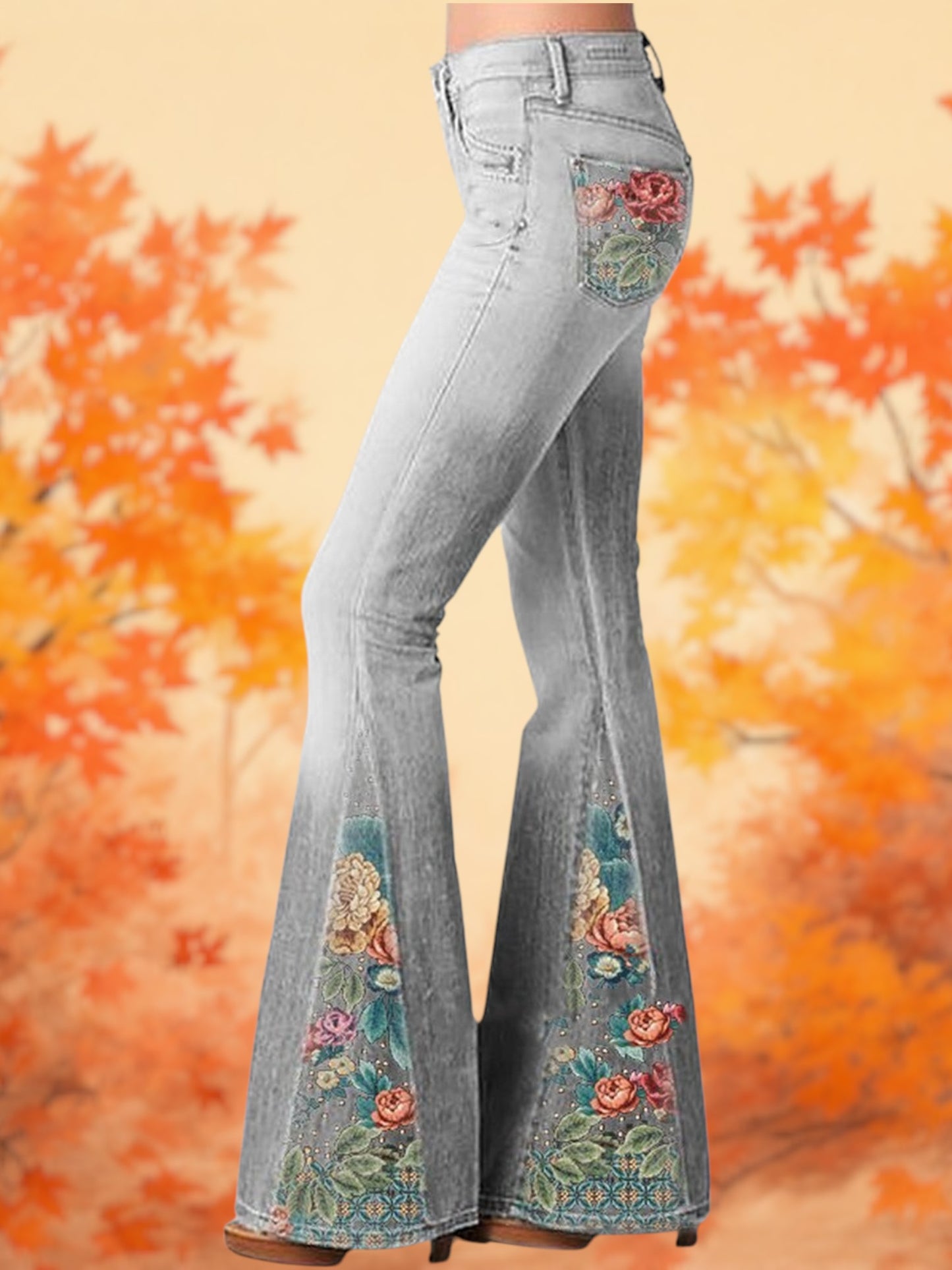 Ivy | Women's Wide Leg Flare Jeans with Ombre Flower Print for Every Occasion | Gray