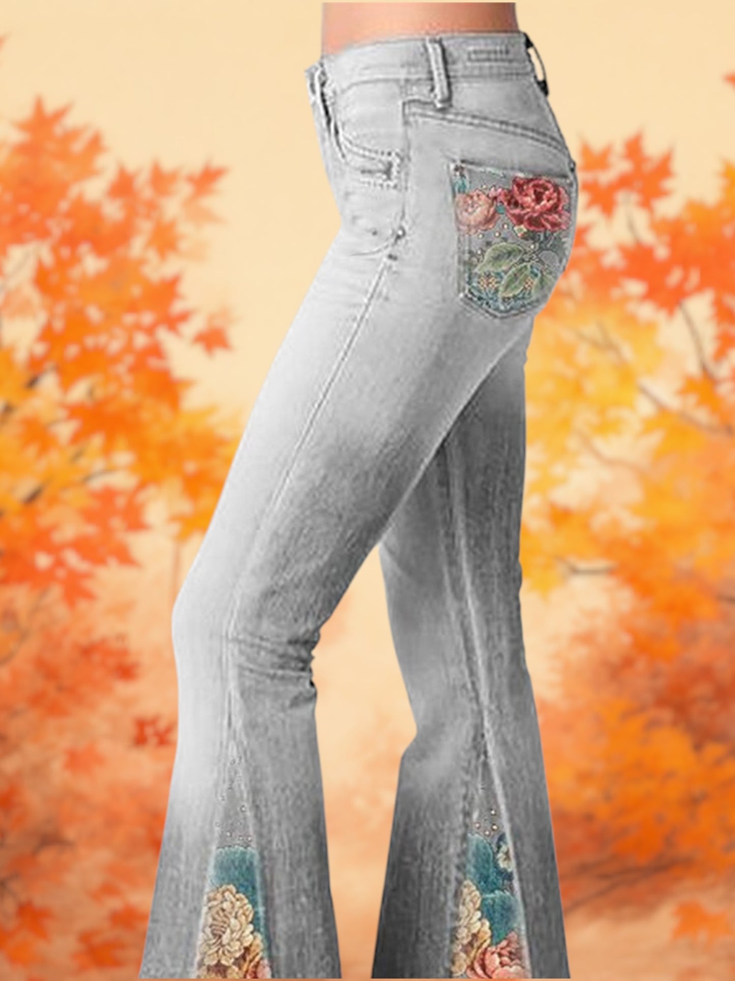 Ivy | Women's Wide Leg Flare Jeans with Ombre Flower Print for Every Occasion | Gray 2