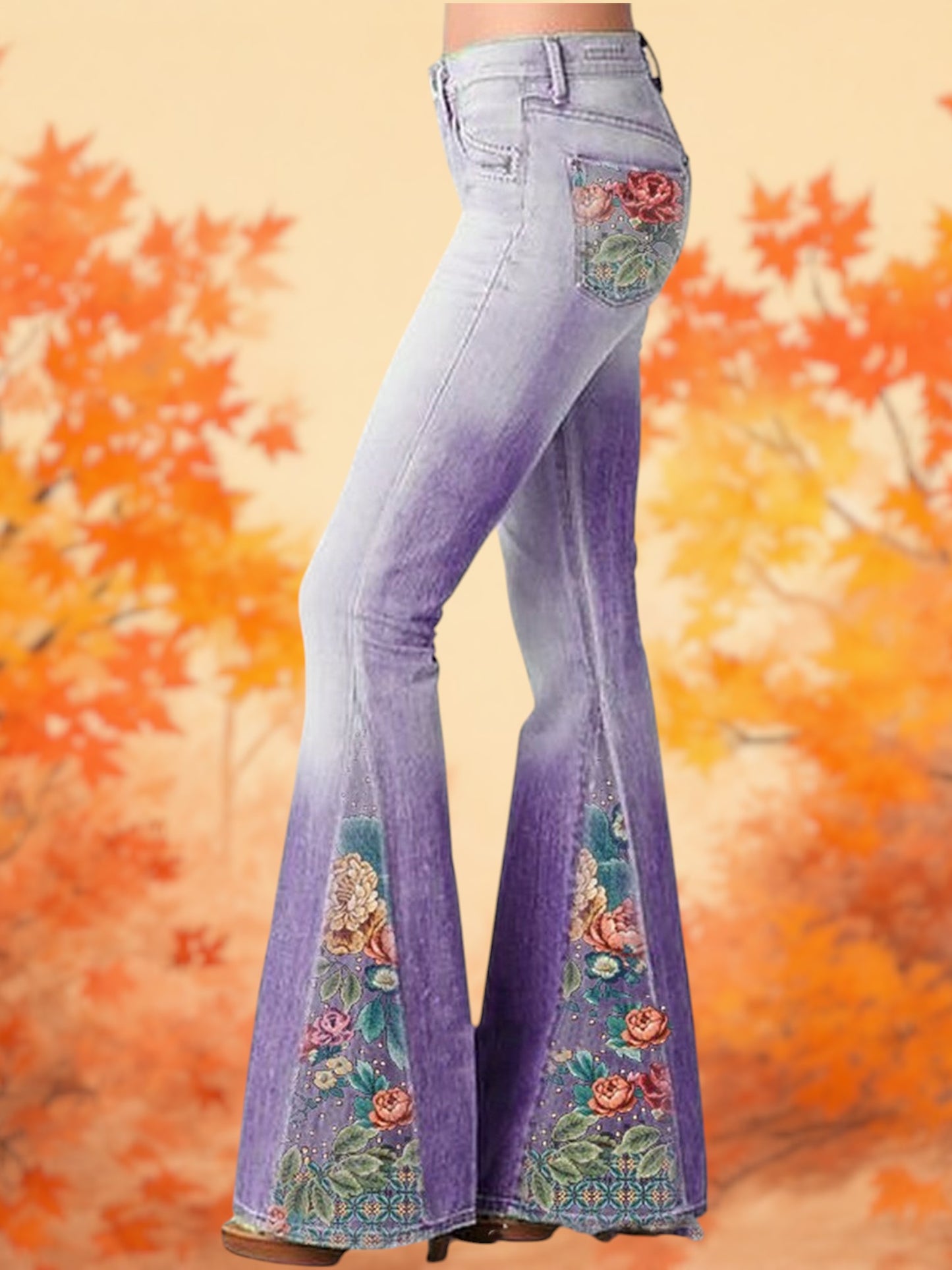 Ivy | Women's Wide Leg Flare Jeans with Ombre Flower Print for Every Occasion | Purple