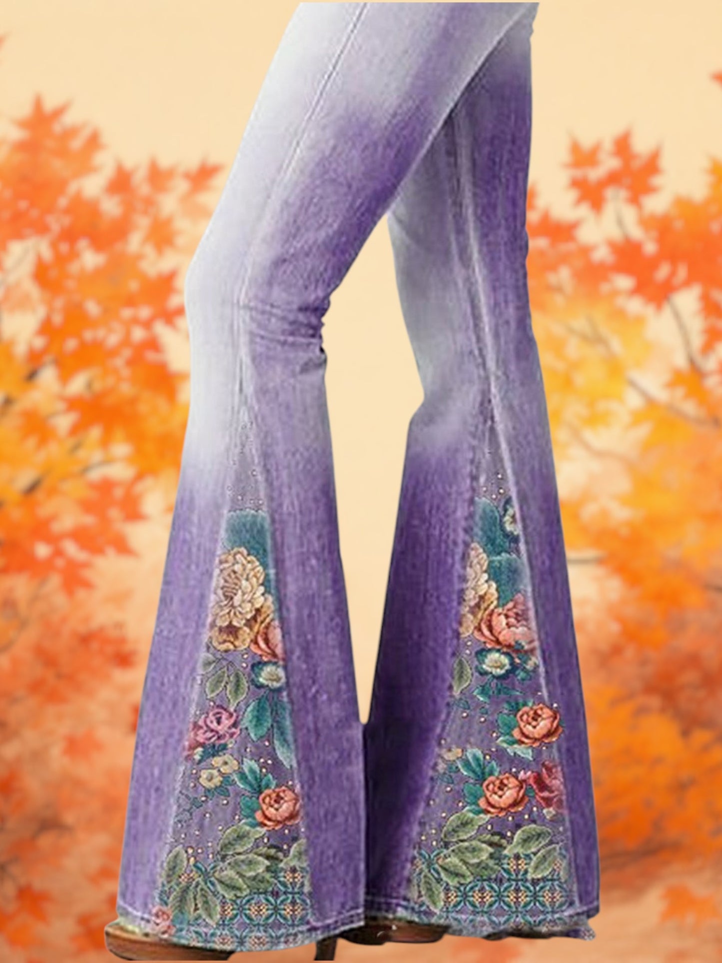 Ivy | Women's Wide Leg Flare Jeans with Ombre Flower Print for Every Occasion | Purple 2