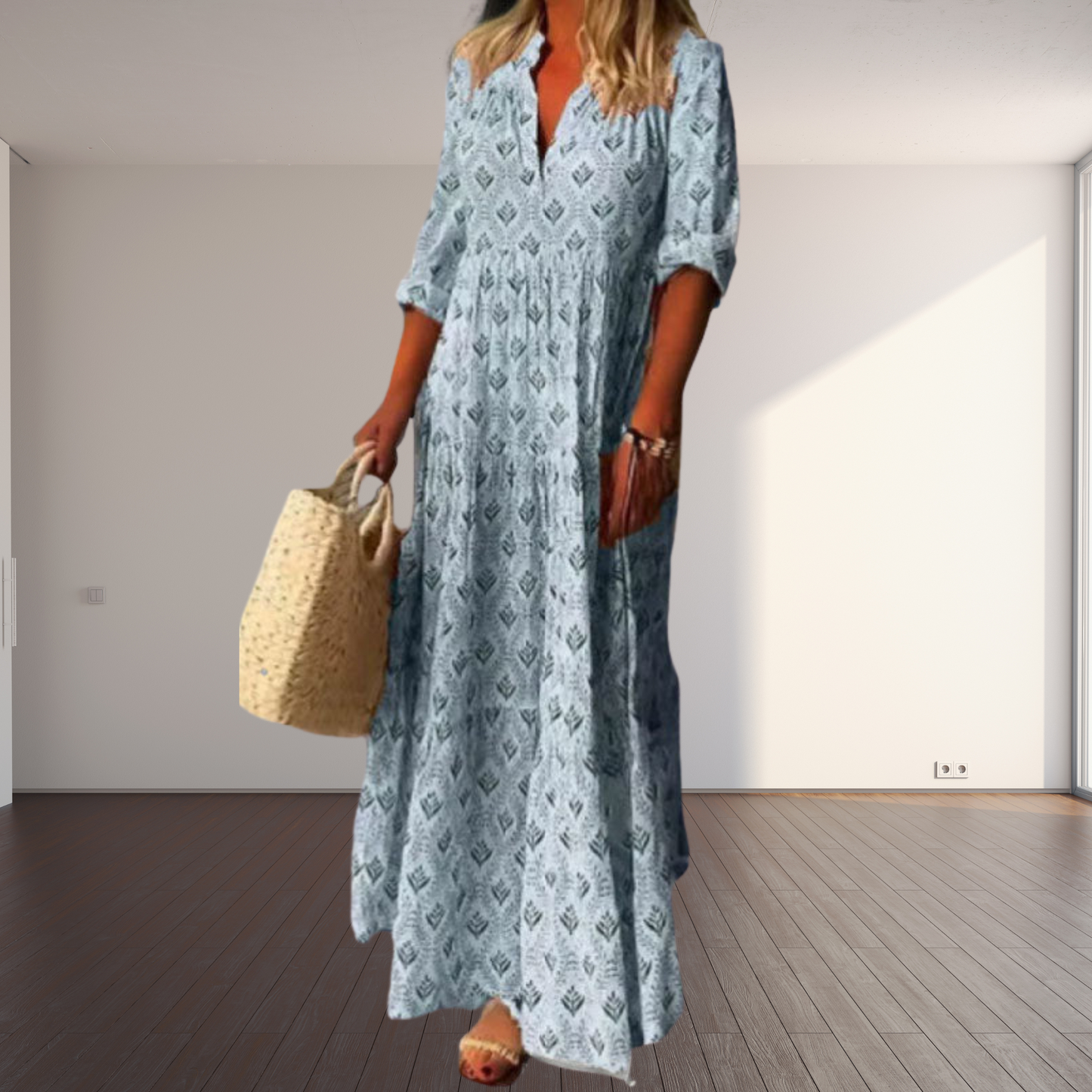 Lightweight Cotton V-Neck Summer Dress for Women | Blue