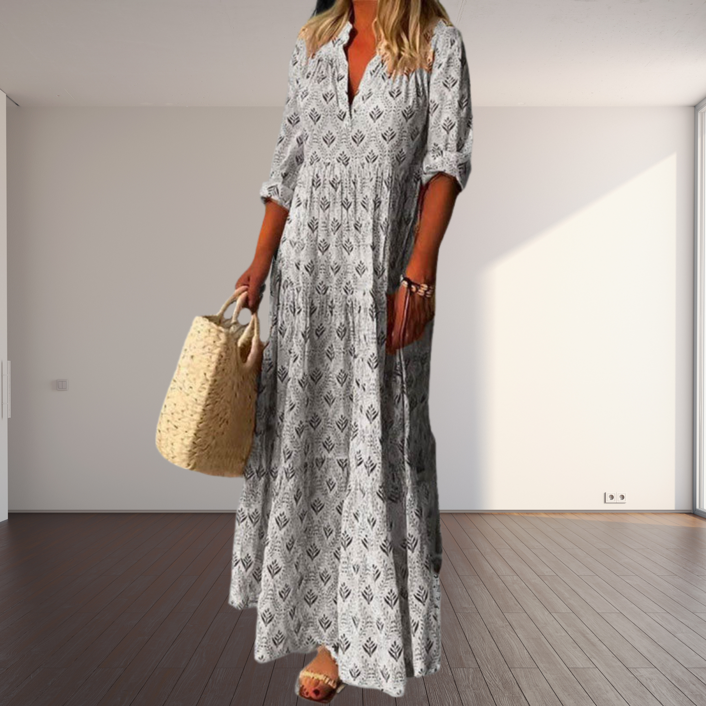 Lightweight Cotton V-Neck Summer Dress for Women | Gray
