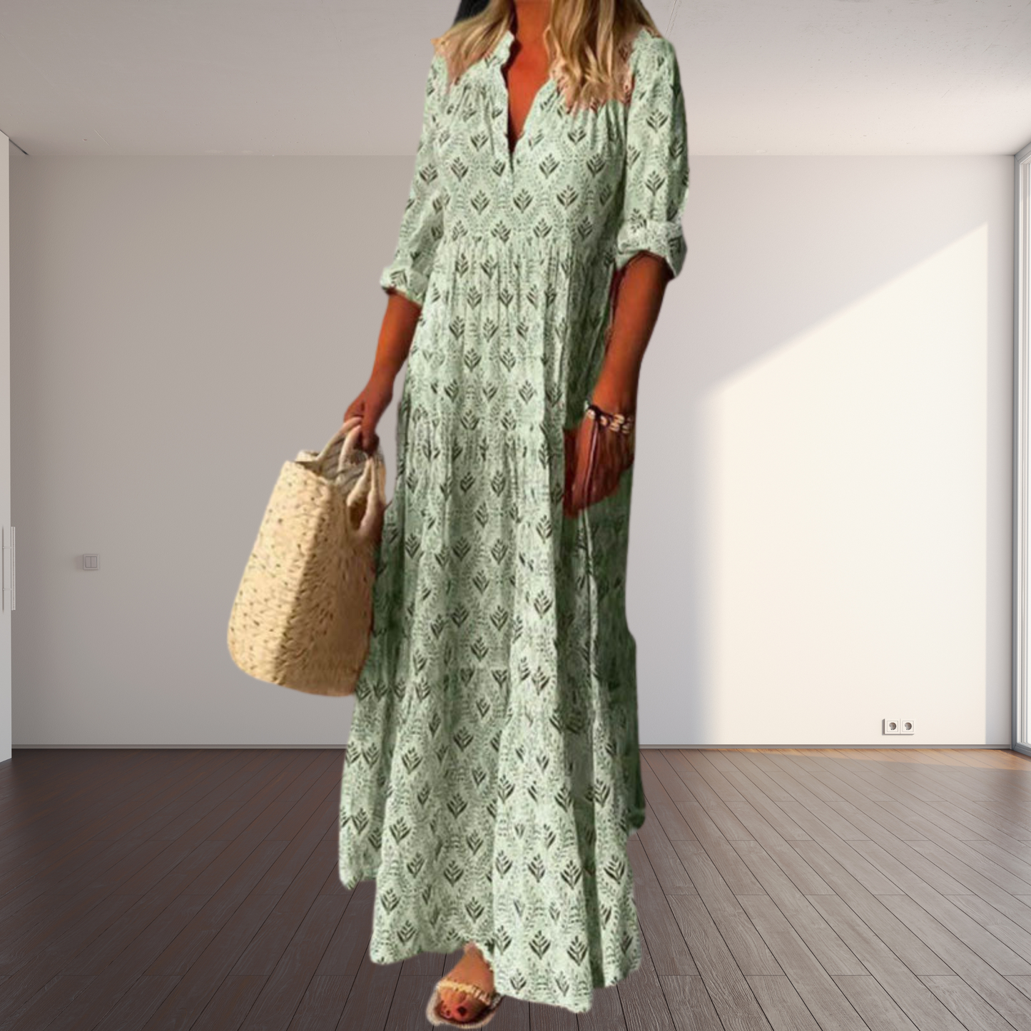 Lightweight Cotton V-Neck Summer Dress for Women | Green