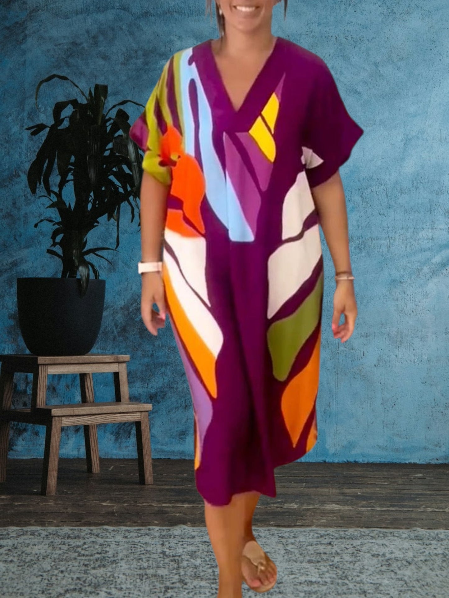 Lila | Women's Relaxed Midi Shift Dress in Leaf Print, V-Neck, Short Sleeves, Casual Summer Style | Purple
