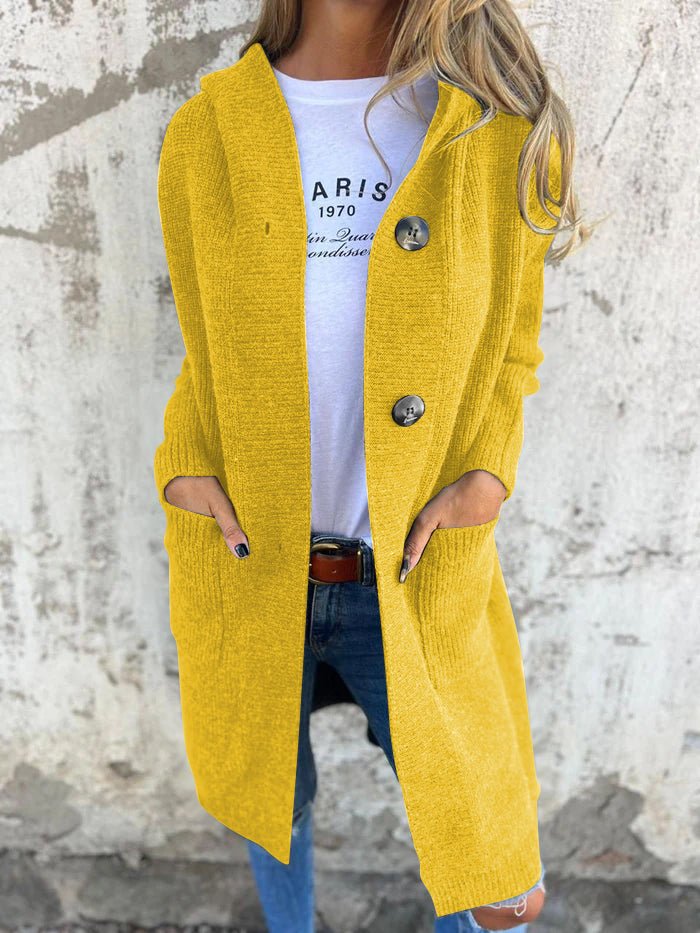 Long Cardigan for Women, Knitted, Hooded | Relaxed Fit | Yellow