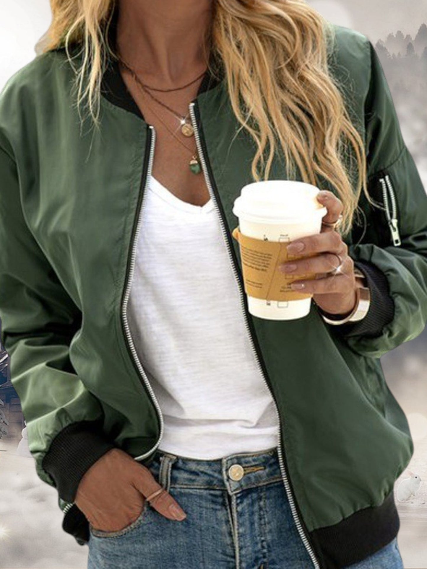 Long Sleeve Bomber Jacket with Zipper Closure and Ribbed Details | army Green