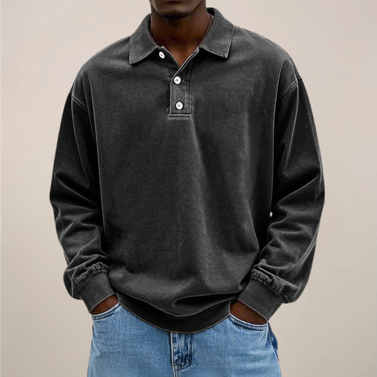 Long Sleeve Polo Shirt for Men | Soft cotton blend | Black